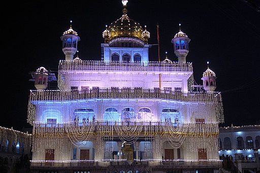 Akal Takht illuminated on Guru Nanak's Birthday, in Harmandir Sahib complex, Amritsar.