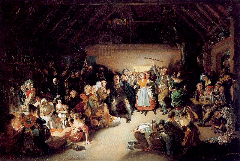 Snap-Apple Night, or All-Hallow Eve, painted by Daniel Maclise in 1833, shows people feasting and playing divination games on Halloween in Ireland.