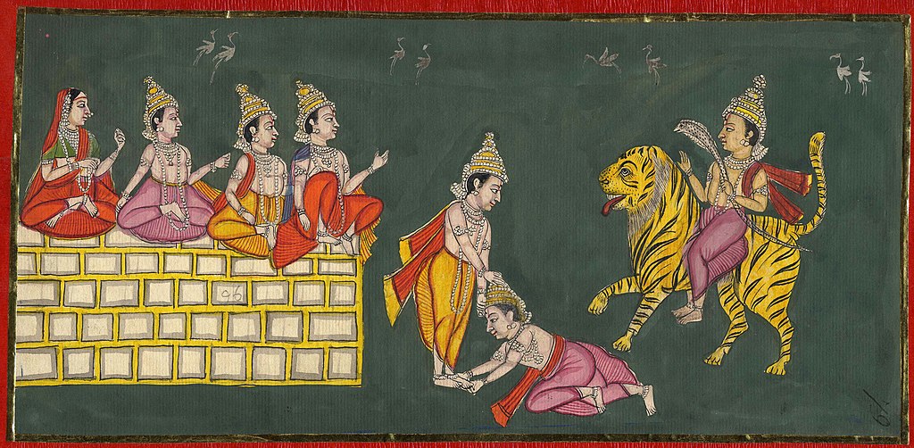 The siblings Muktabai, Sopan, Dnyaneshwar and संत निवृत्तिनाथ seated on the flying wall greet Changdev seated on a tiger. In the centre, Changdev bows to saint Dnyaneshwar.