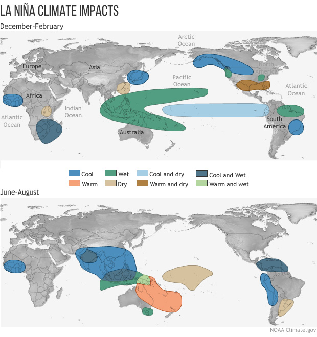 Changes to temperature and precipitation during El Niño (left) and La Niña (right). The top two maps are for December to February, the bottom two are for June to August.