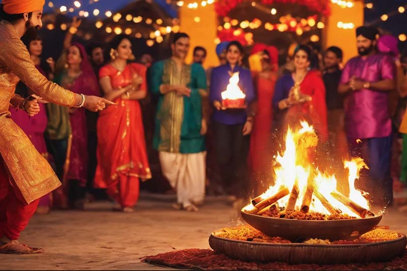 People celebrating Lohri by igniting bonfire playing around it.